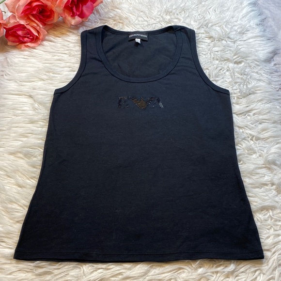 Emporio Armani Tops - Emporio Armani Y2K Logo Black Scoopneck Crop Babydoll Tank sz 10